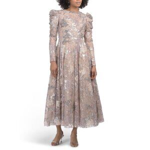 MAC DUGGAL Taupe Long Sleeve Embellished Tea-length Gown